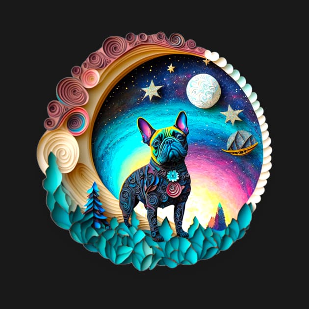 French Bulldog Frenchie Full Moon Galaxy Stars Trees Artwork by joannejgg