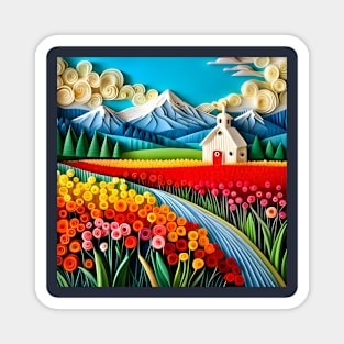 Swirly Quilled Fantasy Field of Multicolor Flowers and Mountains Magnet