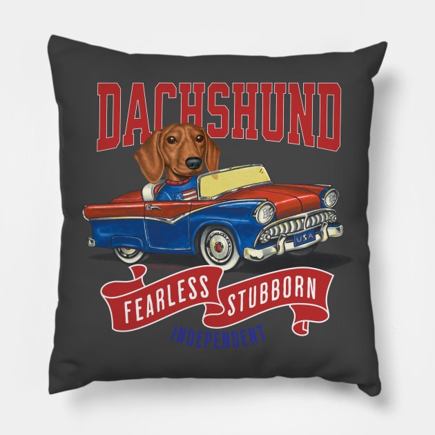 Humor Funny and Cute Doxie Dachshund dog driving a Vintage car with classic red white and blue flags for a retro parade Pillow by Danny Gordon Art