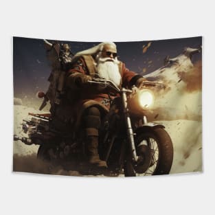 Santa Claus on motorcycle riding with christmas gifts Tapestry