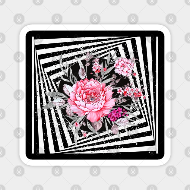 Pink Flowers ,Silver Leaves in Black and White Illusion Magnet by Smiling-Faces