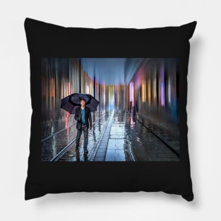 man walking in the rain with umbrella Pillow