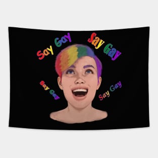 Young LGBTQ+ individual with pride saying Say Gay Tapestry