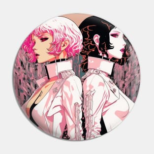 Together in the Street - Cyberpunk Illustrated Portrait Two Women Posing Back to Back in Front of a Bustling Cityscape Pin