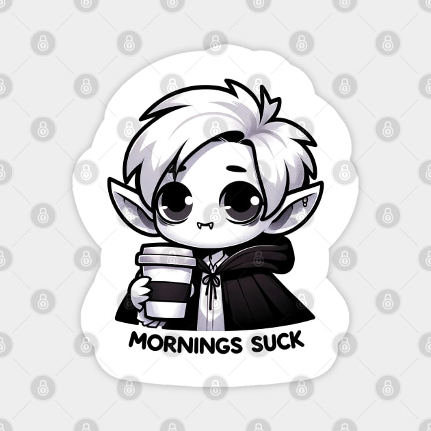 Mornings Suck Vampire Pun With Coffee Gothic Black and White Magnet by Dad and Co