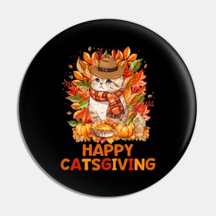 Happy Catsgiving Cute Thanksgiving Cat Wears Pilgrim Hat T-Shirt Pin