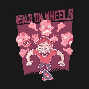 Meals On Wheels/ a Scared Boy Running Away with a Skateboard From a Group of Chasing Zombies Zombie T-Shirt