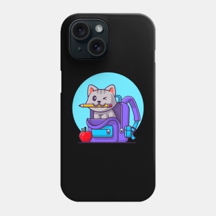 Cute Cat Biting Pencil With Bag And Apple Cartoon Phone Case