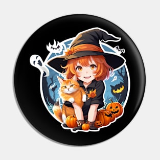 Magical Halloween Moment: Young Witch Cuddling a Black Ca Pin