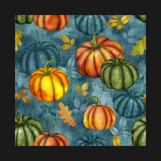 Pumpkins and different fall leaves seamless watercolor pattern. Autumn colorful composition. Thanksgiving textural background by likapix