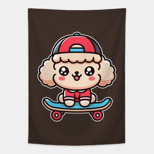 Kawaii Poodle Puppy On A Skateboard Cute Skateboarding Lover Tapestry