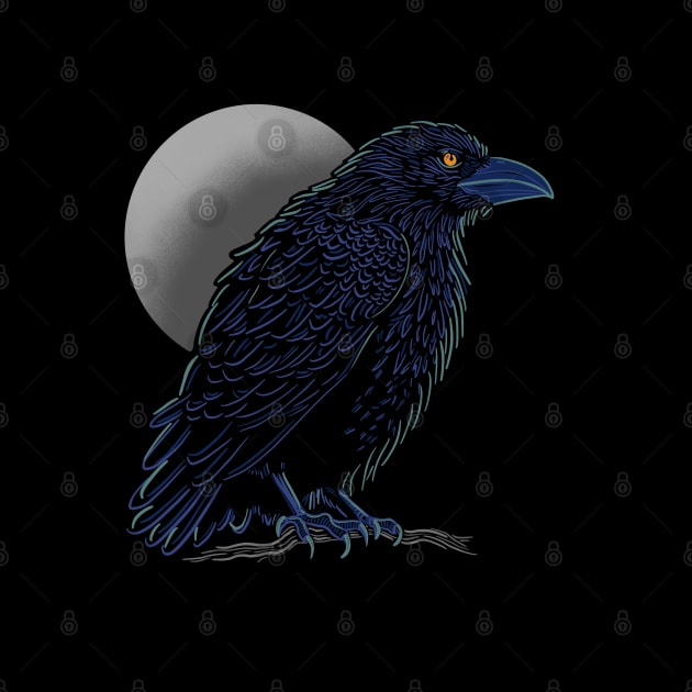 Crow design in blue and light green colors with full moon by DaveDanchuk