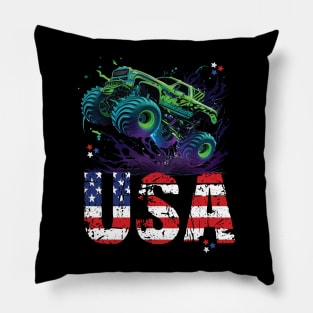 USA Monster Truck American Flag 4th July Men Boys Girls Race Pillow