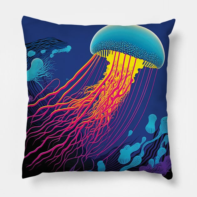 Blue, Pink and Yellow Jellyfish Swimming Underwater in the Ocean Pillow by Geminiartstudio