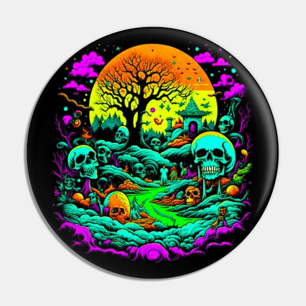 Magical Hut in Psychedelic Forest With Skulls, Macabre Pin by vystudio