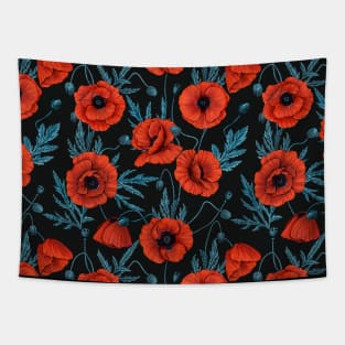 Poppies, red and blue on black Tapestry