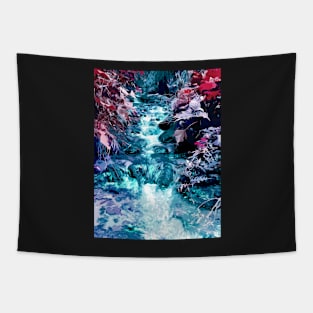 Magical mountain river, fairy colors, leaves and water Tapestry