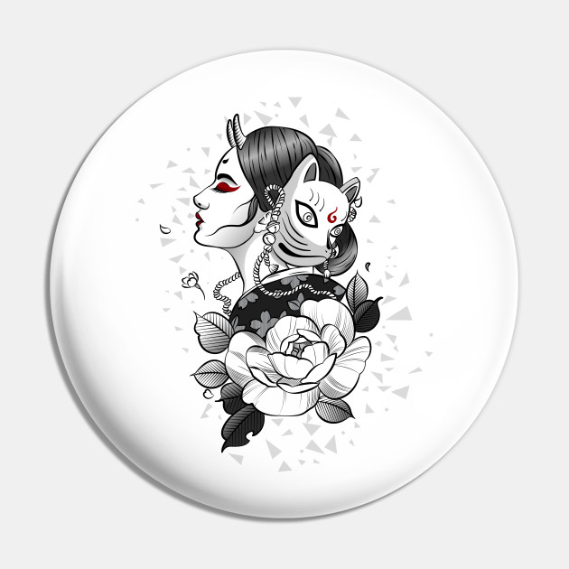 Traditional Black And White Japanese Illustration Of Woman With A Kitsune Mask And Flower Kitsune Pin Teepublic Fr traditional black and white japanese illustration of woman with a kitsune mask and flower