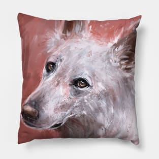 Chaotic Painting of a White Swiss Shepherd on Salmon Pink Background Pillow