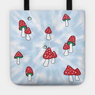 Aesthetic Red Hatted Mushrooms and Butterflies on a Light Blue Pastel Tie Dye Background Tote