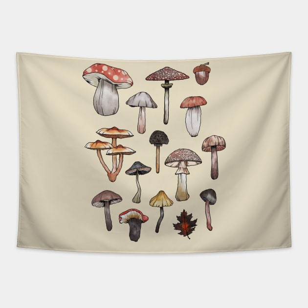 Watercolor Mushrooms Fungi Cottagecore Goblincore Tapestry by uncommontee