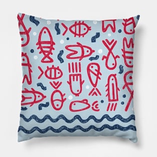 Hand drawn sketched fish, wave pattern Pillow