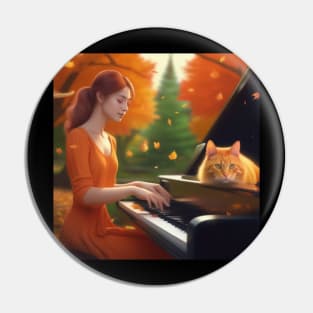 A Female Pianist With A Contented Orange Cat Sitting On The Piano In The English Countryside With An Autumn Mist Pin