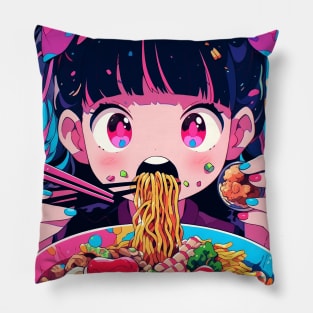 Cute Anime Girl |  Ramen Noodles | Hentaii Chibi Kawaii Design Pillow