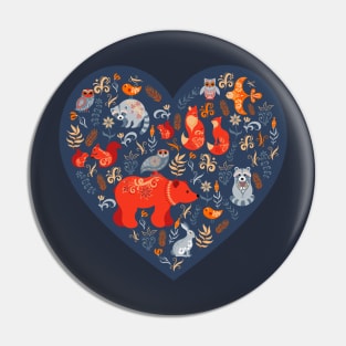 Forest animals and birds on the background of the heart. Pin