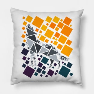 Geometric Wolf Design in Shades of Grey, Yellow and Purple Pillow