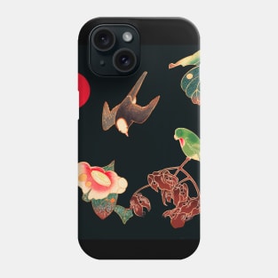 BIRDS,FLOWERS,LEAVES AND RED SUN IN BLACK, Japanese Dark Floral Phone Case