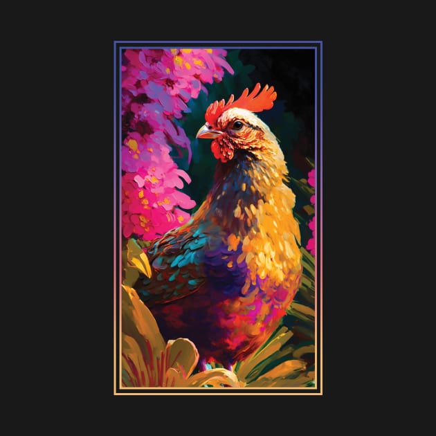 Chicken Rooster Vibrant Tropical Flower Tall Digital Oil Painting Portrait by ArtHouseFlunky