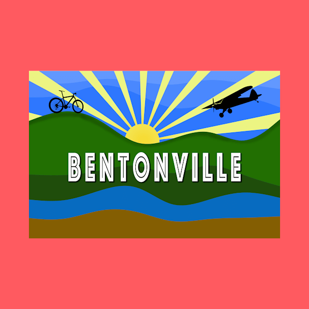 Bentonville, Arkansas design with sunrise, mountain bike and airplane by Arkansas Shop