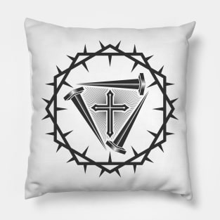 The cross of Jesus and the nails of the crucifix are framed with a crown of thorns. Pillow