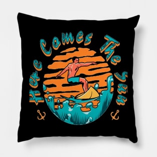 Happiness Comes In Waves, Hello Summer Vintage Funny Surfer Riding Surf Surfing Lover Gifts Pillow