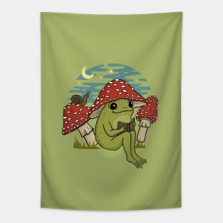 Cute Frog in Mushroom Hat Reading Book, Goblincore Toad, Novel Snail under Night Sky Tapestry