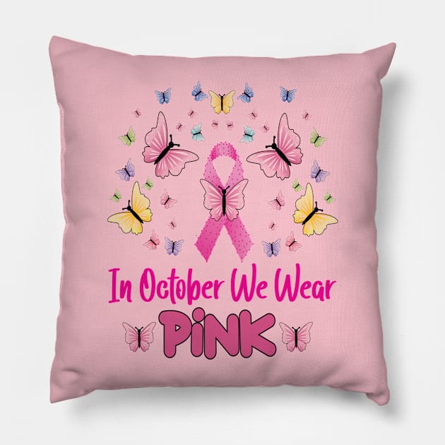 In October We Wear Pink Retro Groovy Vintage Breast Cancer Pillow by Flowes