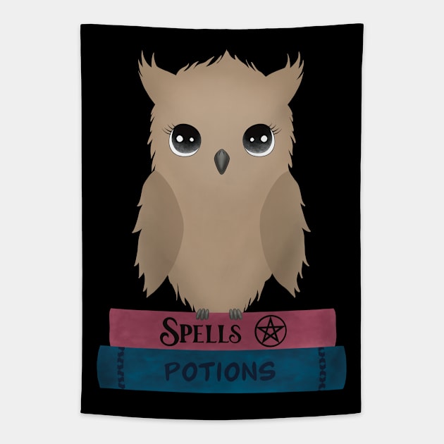 Cute Owl Sitting on Spells and Potions Magic Books Tapestry by MadelaneWolf 