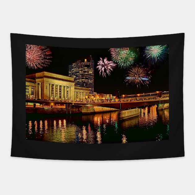 Pennsylvania. Philadelphia. Fireworks over 30th Street Station. Tapestry by vadim19