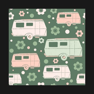 Green And Pink Vintage Caravans and Flowers Pattern T-Shirt