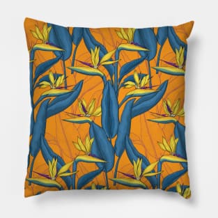 Bird of paradise flowers on orange Pillow