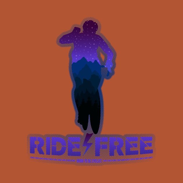 Silhouette of a cyclist man with a mountain cold colors evening landspace inside and a ride free, born to be cyclist legend by Drumsartco