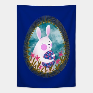 Cute white bunny with floral easter egg decoration on blue sky, version 5 Tapestry