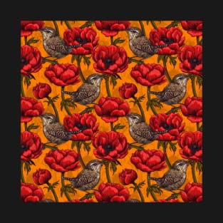 Wrens in a red anemone garden T-Shirt