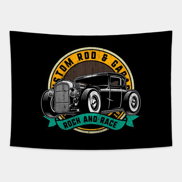 Rock and Race Hot Rod Garage Classic Car Tapestry by Jose Luiz Filho