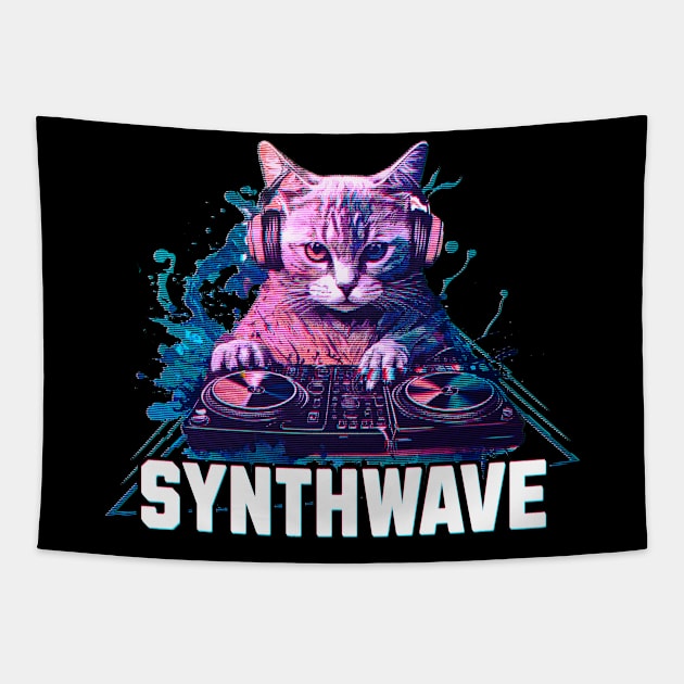 Synthwave cat with headphones Tapestry by RusticVintager