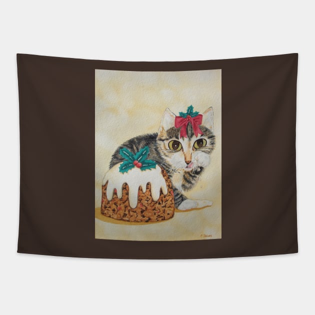 Cute gray kitten dressed for christmas Tapestry by pollywolly