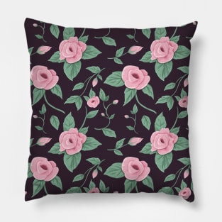 Hand Drawn Pink Spring Rose Pattern on Dark Background Pillow