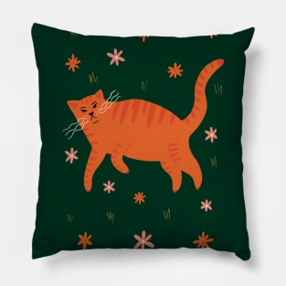 Cool orange cat in flower field illustration Pillow