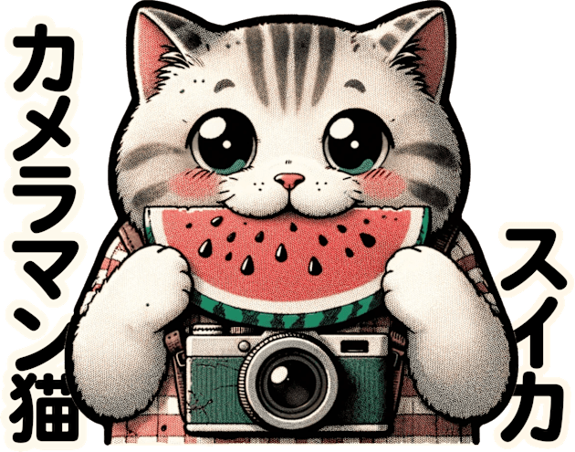 Japanese Photographer Cat with Watermelon - Eclectic Anime Kids T-Shirt by Conversion Threads